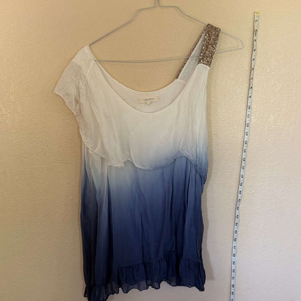 Bella France Silky Med top. Sequin Cotton attached undershirt. OMBRE blue/white